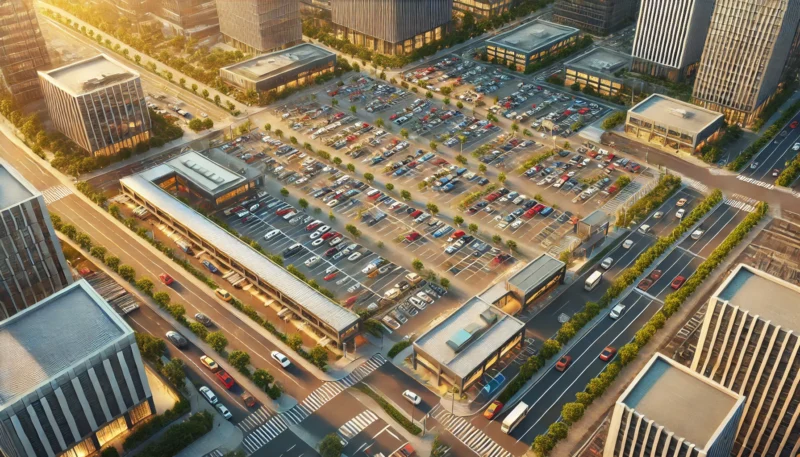 a bird's eye view of the parking system, showing many cars parked in the parking lot